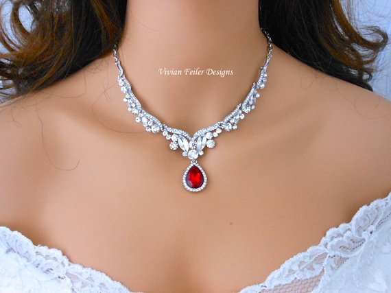 RED Wedding Necklace Bridal Jewelry Set Crystal Tear Drop Jewelry Red Clear Statement Necklac