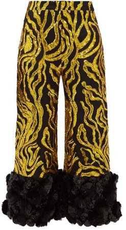 Vine Sequinned Applique Cuff Trousers - Womens - Gold Multi
