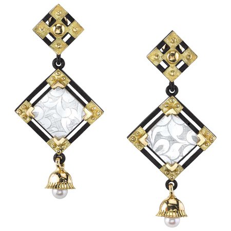 Antique Mother-of-Pearl Gambling Counter Earrings, 18k Gold/ Blackened Silver For Sale at 1stdibs