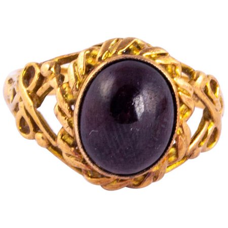 Vintage Garnet and 9 Carat Gold Signet Ring For Sale at 1stDibs
