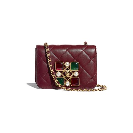 Calfskin, Crystal Pearls, Resin & Gold-Tone Metal Burgundy Small Flap Bag | CHANEL