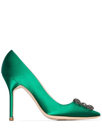 Shop Manolo Blahnik Green Hangisi 105 pumps with jewel buckle with Express Delivery - FARFETCH