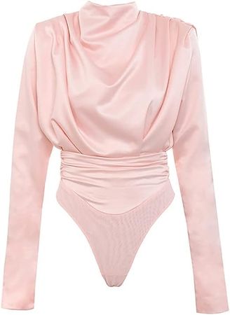 Amazon.com: MMLLZEL Elegant Satin Pink Blouse Long Sleeve Bodysuits Tops Women Spring New Romper (Color : A, Size : L Code) : Clothing, Shoes & Jewelry