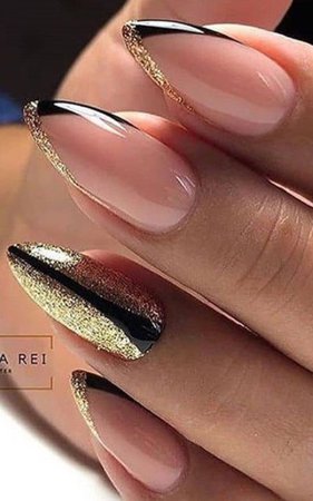 Nude/Black/Gold Nails