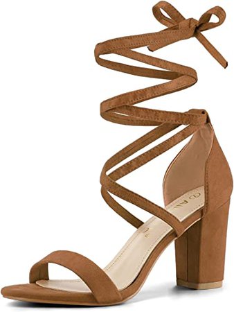 Amazon.com | Allegra K Women's One Strap Block Heel Lace Up Brown Sandals - 7 M US | Heeled Sandals