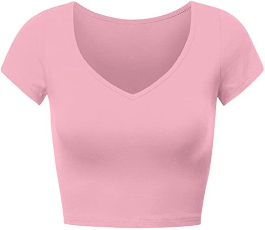 YIN HUI Women's Basic Short Sleeve V Neck Crop Top Cotton Crop Tee Shirts(Pink, L) at Amazon Women’s Clothing store
