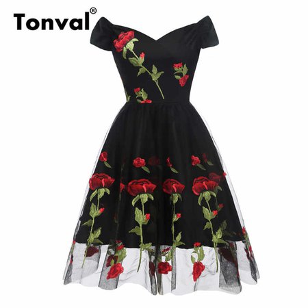 Tonval Rose Flower Embroidery V neck Elegant Dress Pleated Mesh Overlay Floral White Dresses Women Vintage Style Party Dress|Dresses| - AliExpress