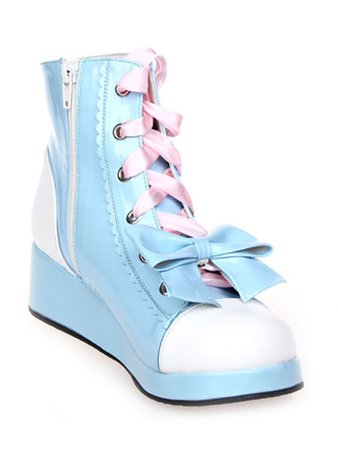 Sweet Lolita Shoes Blue Wedge Lace Up Bow Zipper Lolita Boots - Milanoo.com