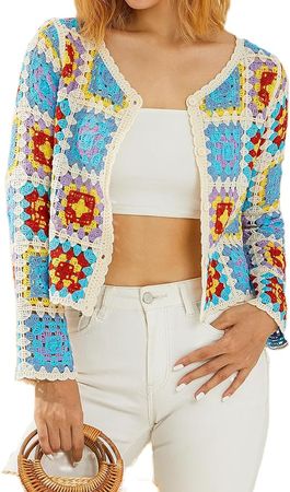 Honganda Women's Knit Crochet Cardigan Long Sleeve Floral Embroidery Hollow Out Knitwear Spring Fall Y2K Boho Sweater (Blue Square, One Size) at Amazon Women’s Clothing store