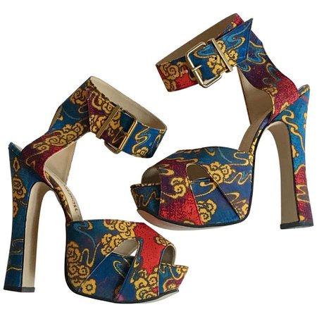 Vivienne Westwood Tea Garden Print Blue Gold and Red Platform Sandals For Sale at 1stdibs
