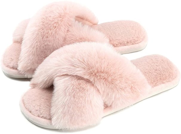 Amazon.com | Cozyfurry Women's Fuzzy Slippers Cross Band Soft Plush Cozy House Shoes Furry Open Toe Indoor or Outdoor Slip on Warm Breathable Anti-skid Sole Pink 7-8 | Slippers
