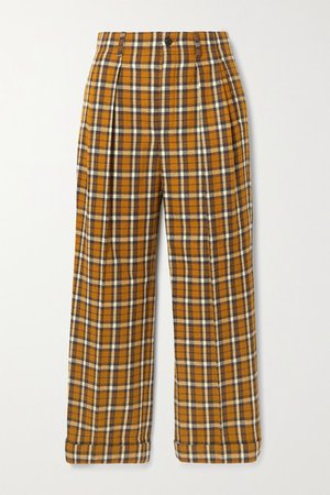 Cropped Pleated Checked Wool Straight-leg Pants - Brown