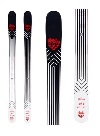 skis black crows red white stripe pattern
