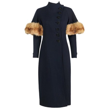 COUTURE 1930's WWII Era Navy Blue Asymmetrical Wool Coat Genuine Fox Fur Trim For Sale at 1stdibs