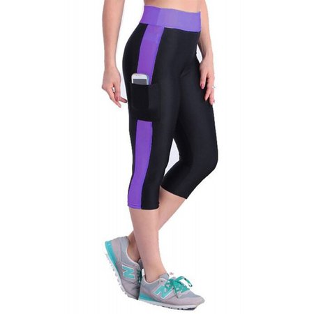 Womens Yoga Tights 3/4 Capri Pants Fitness Leggings With Pocket - Purple/Black - CL186GSCW2T