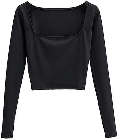 Women Square Neck Long Sleeve Fitted Shirt Sexy Low Cut Basic Tee Casual Y2k Solid Knit Top Trendy Streetwear at Amazon Women’s Clothing store