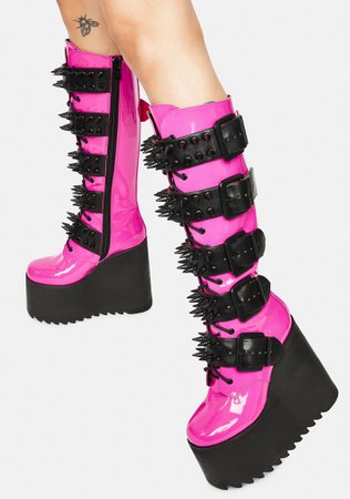 Widow Spiked Buckle Knee High Platform Boots - Hot Pink | Dolls Kill