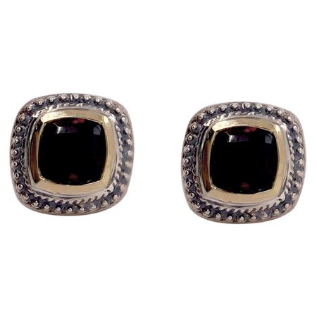 Garnet Post Earrings in 14 Karat Yellow Gold Bezel with Rope Cushion Shape For Sale at 1stDibs