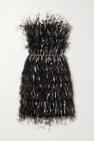 Black Embellished feather-trimmed satin mini dress | Ralph & Russo | NET-A-PORTER