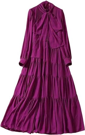 Women's Purple Long Sleeve Dress Autumn Bow Maxi Gown Loose Bohemian Maxi Dress at Amazon Women’s Clothing store