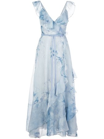 Cocktail-length blue Marchesa Notte printed ruffled long dress with Express Delivery - Farfetch