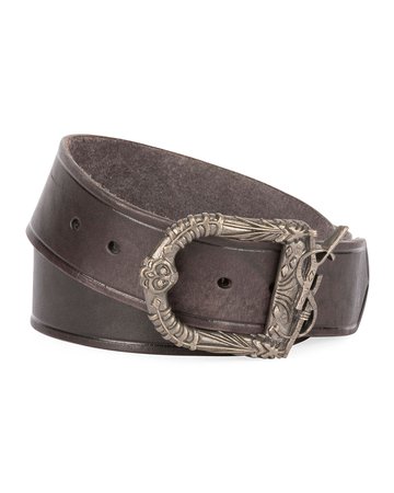 Saint Laurent Distressed Leather Belt with Ornate Buckle