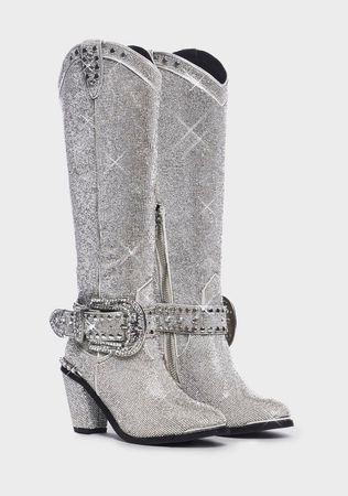 Club Exx Rhinestone Knee High Cowboy Boots - Silver – Dolls Kill