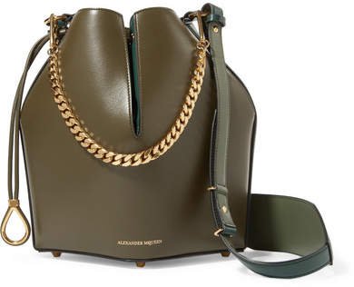 Paneled Leather Bucket Bag - Army green