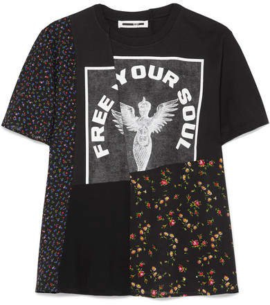 Patchwork Printed Cotton-jersey And Crepe De Chine T-shirt - Black