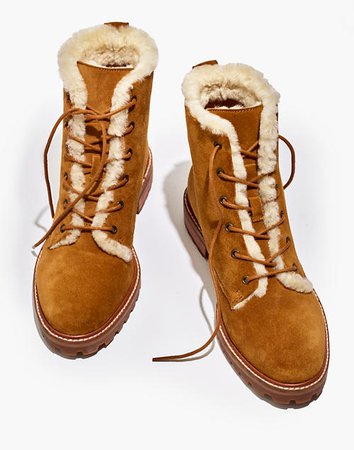 The Clair Lace-Up Boot in Shearling-Lined Suede brown