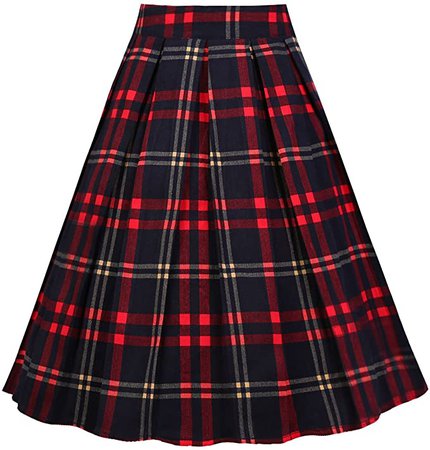 Girstunm Women's Pleated Vintage Skirt Floral Print A-line Midi Skirts with Pockets Red-Black XXX-Large at Amazon Women’s Clothing store
