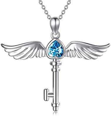 blue key crystal hearts necklace wings silver