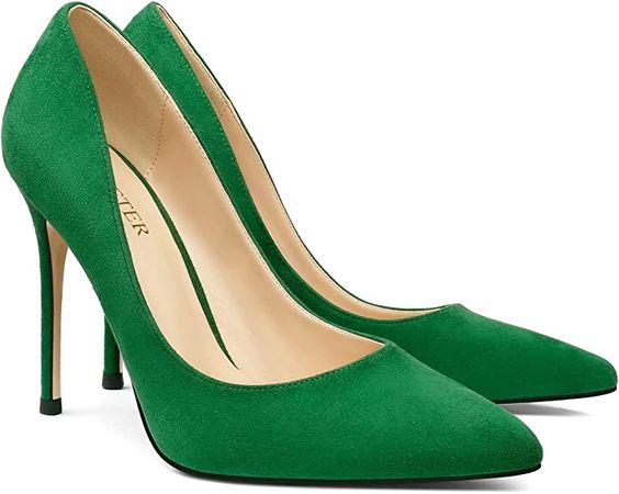 Amazon.com | COLETER Women's 4 Inch Pumps Pointy Toe Wedding Dress Shoes Slip on Stiletto Pumps Suede Green 7.5US | Shoes