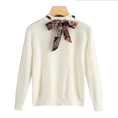 MASCHERANO Women Preppy Knotted Decoration Tie Neck Stand Collar Solid Casual Highstreet Pullovers Sweaters, Beige, S at Amazon Women’s Clothing store