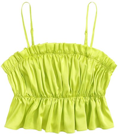 Milumia Women Ruched Ruffle Hem Satin Cami Crop Top Spaghetti Strap Frilled Camisole Neon Green Medium at Amazon Women’s Clothing store