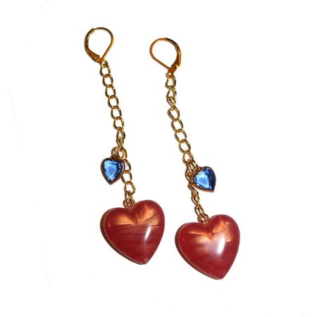Double Heart Drop Earrings brass vintage crystal glass Czech | Etsy
