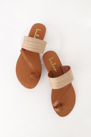 Cute Natural Tan Sandals - Flat Sandals - Woven Sandals