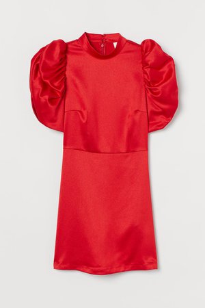 Puff-sleeved satin dress - Bright red - Ladies | H&M GB