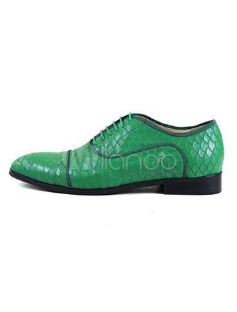 Men Dress Shoes Green Round Toe Snake Pattern Lace Up Oxford Shoes - Milanoo.com