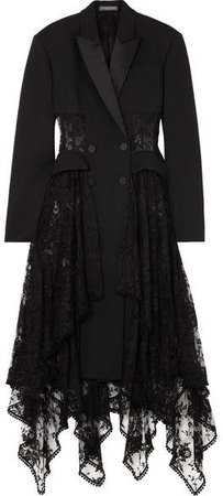 Layered Silk-satin Trimmed Wool-blend And Lace Coat - Black