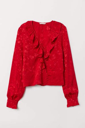 Jacquard-weave Flounced Blouse - Red
