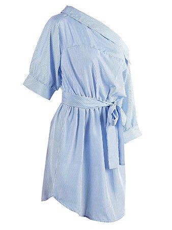 Simplee Apparel Women's Half Sleeve One Shoulder Side Split Striped Shirt Dress at Amazon Women’s Clothing store