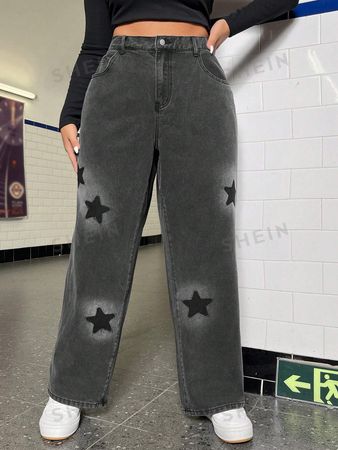 Plus Star Print Wide Leg Jeans | SHEIN USA