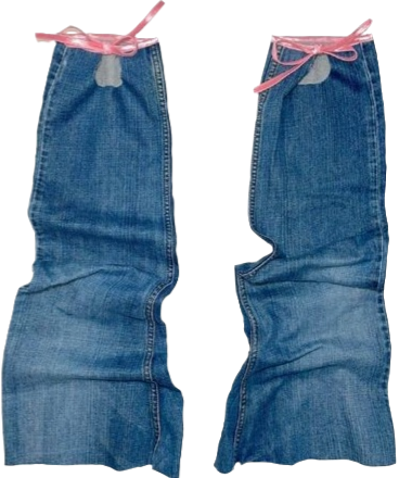 denim leg warmers with pink ribbon
