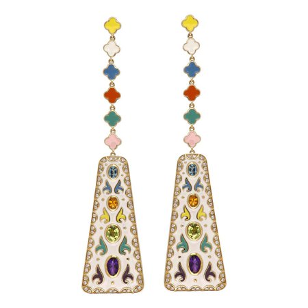 Multi Stone Studded Multi Color Enamel Earrings in 14 Karat Gold For Sale at 1stDibs