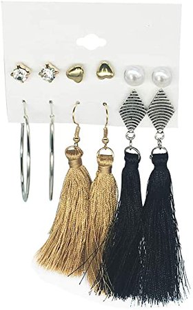Amazon.com: 6Pairs Boho Tassel Dangle Earring Sets for Women Girls Silver Hoop Earrings Fashion Pearl Rhinestone Stud Earring Sets Birthday Party Friendship Gifts: Clothing