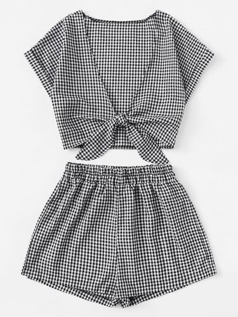 Tie Front Gingham Top With Shorts | SHEIN UK