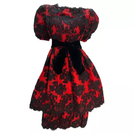 1980 Pauline Trigere Red Silk Taffeta and Black Lace Overlay Cocktail Dress For Sale at 1stDibs | red dress with black lace overlay, red dress with black overlay, red dress black overlay