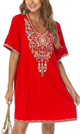 Grosy Women's Embroidered Mexican Peasant Dresses, Plus Size Fiesta Boho Dress for Women, Traditional Floral Bohemian Tunic at Amazon Women’s Clothing store