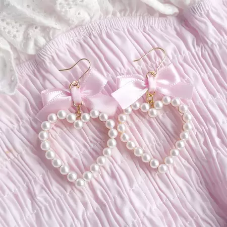 Pastel Baby Pink Satin Bow Pearl Heart Earrings dangle / Clip On , Romantic Angelic Jewelry Cute Earrings - Etsy